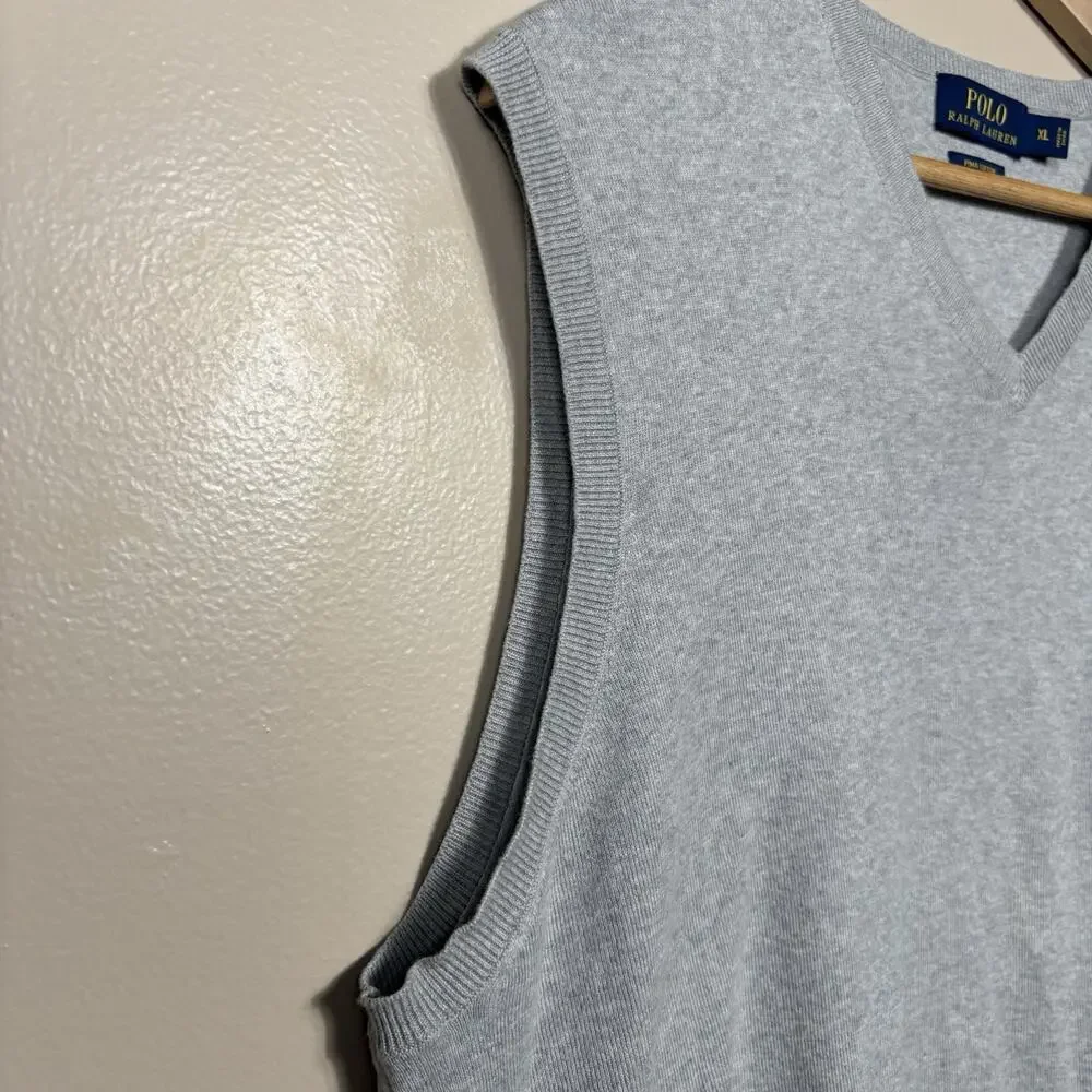 Polo Ralph Laure Mens XL Gray Pima Cotton Sweater Vest V-Neck Classic Preppy